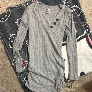 Gray Ribbed Long Sleeve Top with Buttons